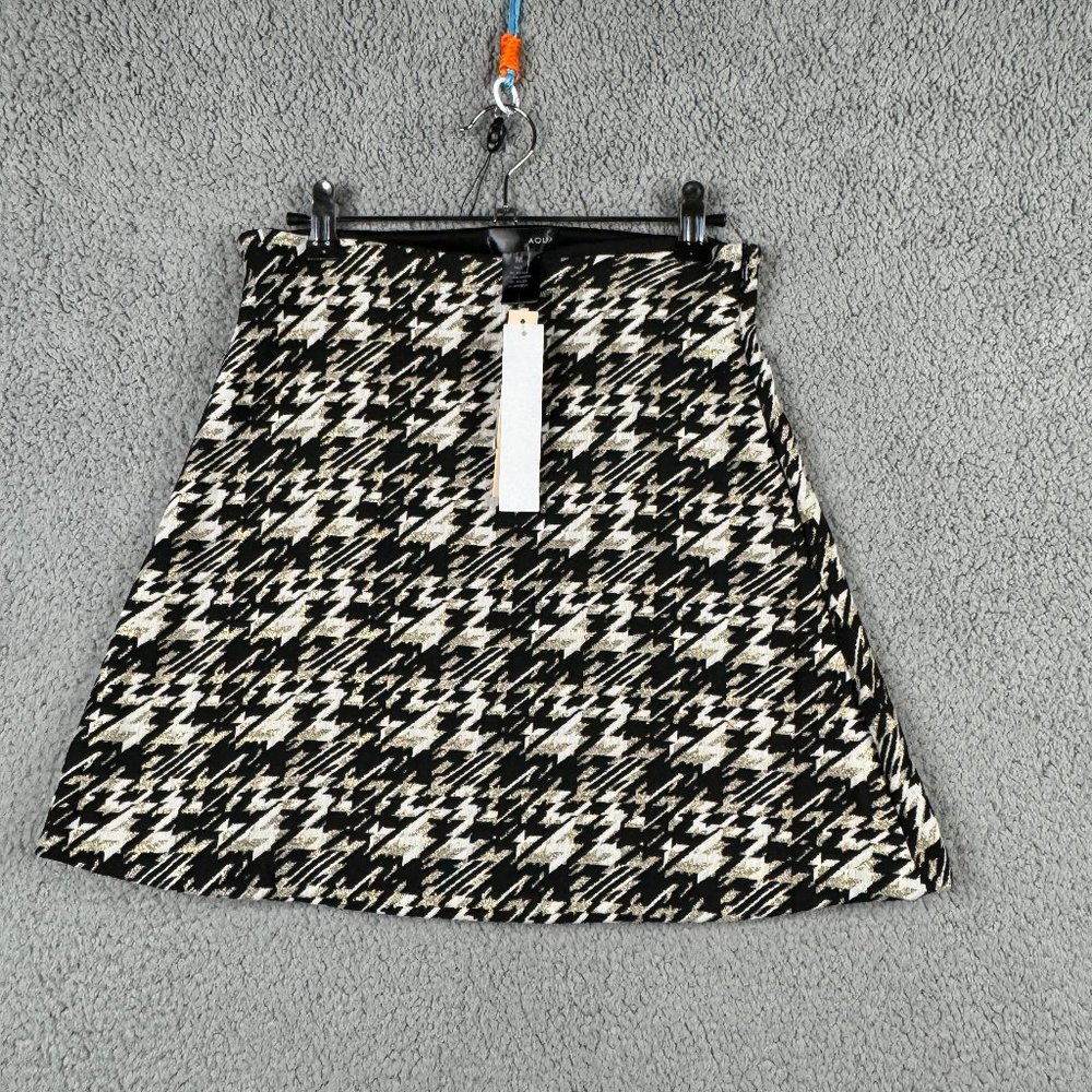 Aqua Skirt Womens Size Medium Black Gold‎ Mini Flared Houndstooth Pullon Stretch